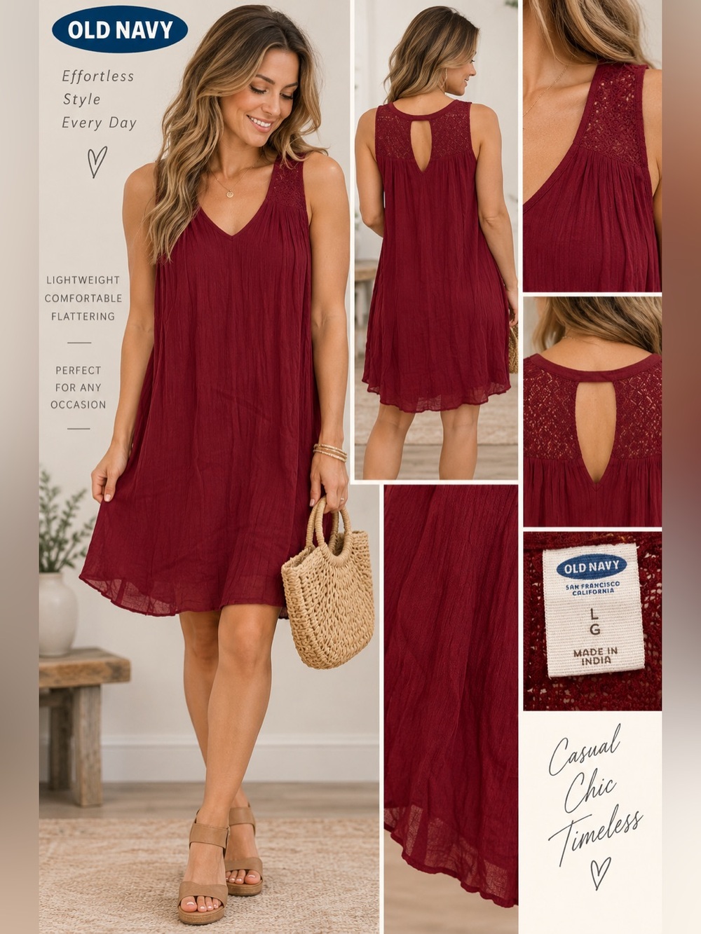 ๐ท Old Navy Burgundy Sleeveless Lace Yoke Flowy Dress โ Size L